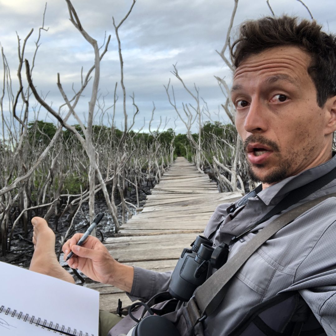 Marley Peifer nature journaling on a wooden elevated walkway over an estuary in Costa Rica