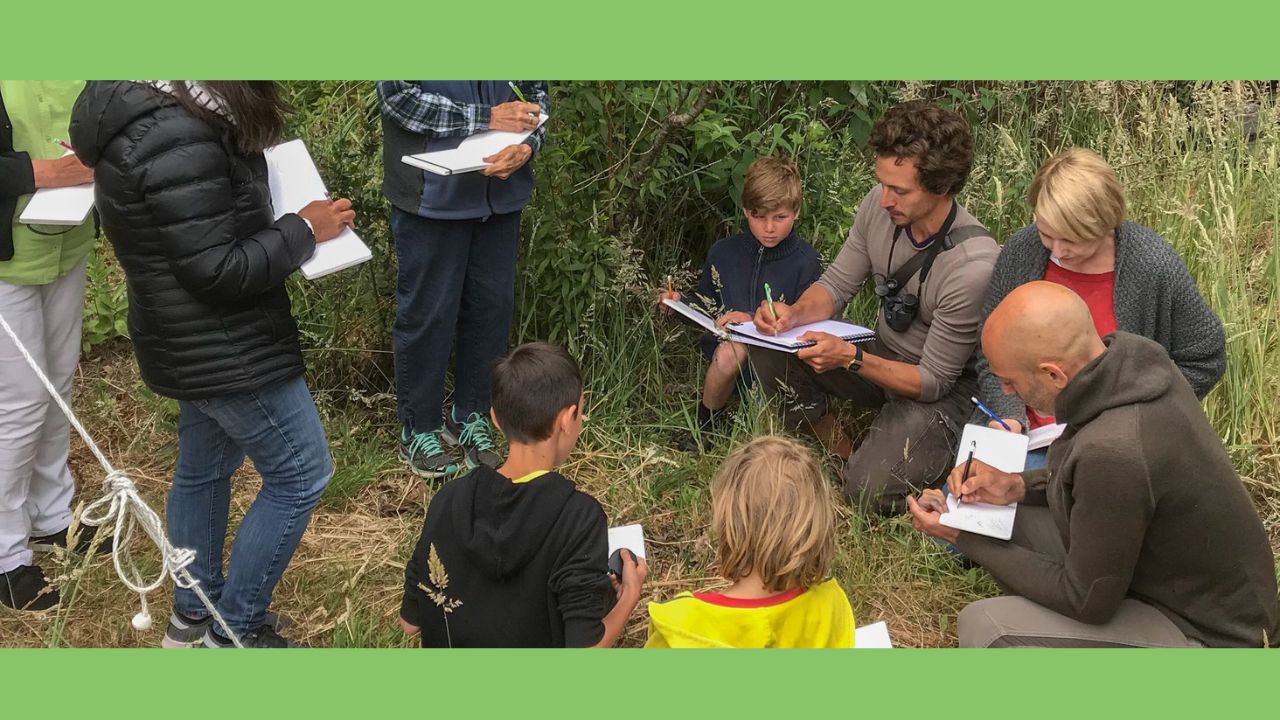 In this photo you can see Marley Peifer nature journaling with kids and adults. Some are homeschool kids, some are homeschool parents and other educators