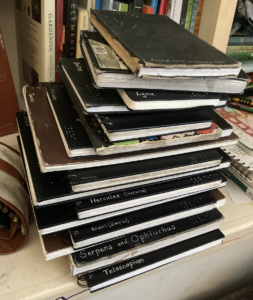 A pile of nature journals belonging to Yvea Moore who started the pencil miles and chill nature journal club