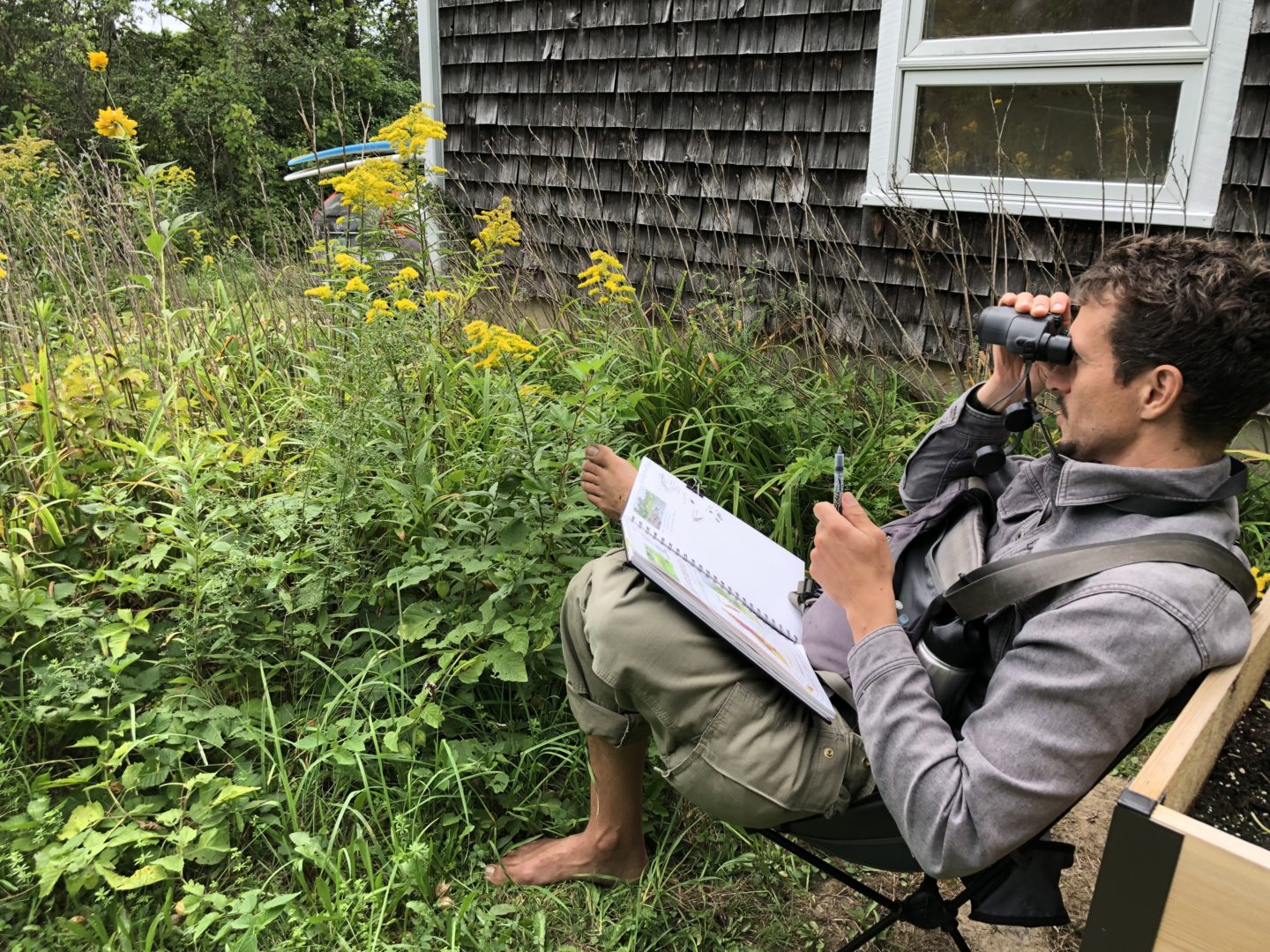 photo of Marley Peifer nature journaling in front of a flowering goldenrod plant. The plant is coverend in yellow flowers and Marley is looking through his binoculars to see bugs up close.