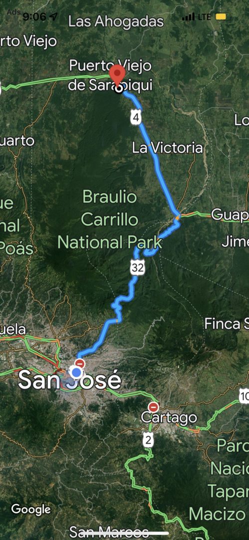 A map showing the capital city of costa rica, Braulio Carrillo National Park and some other destinations near San Jose and Heredia.