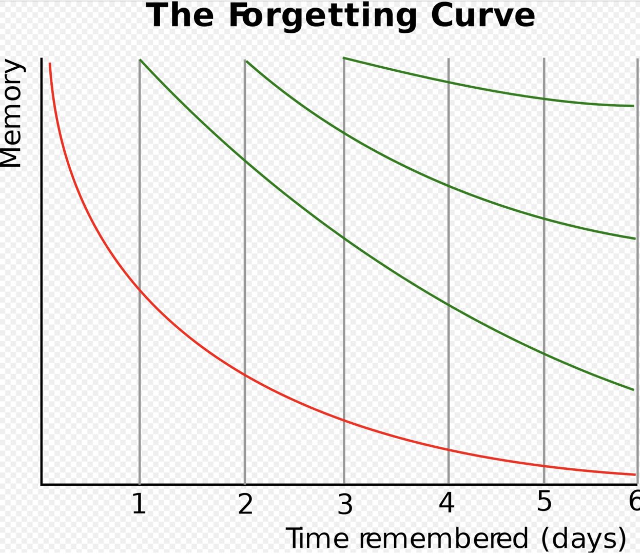 a graph showing the forgetfulness curve. There are multiple curved lines showing that you forget things very quickly unless you practice them multiple times