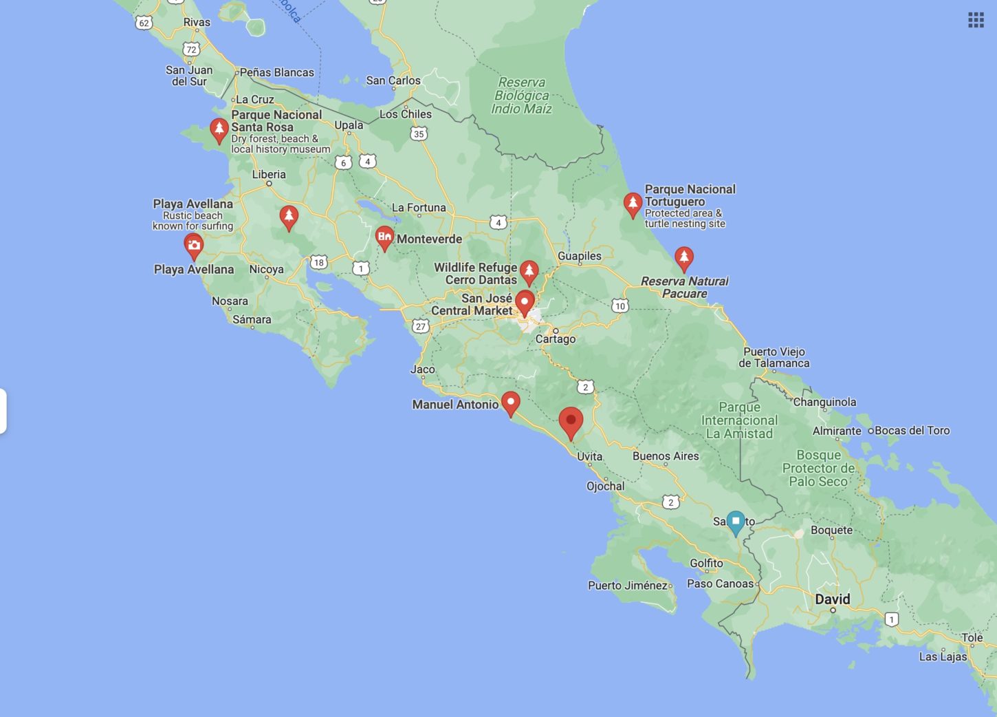 a map of costa rica showing some of the major regions for nature journaling