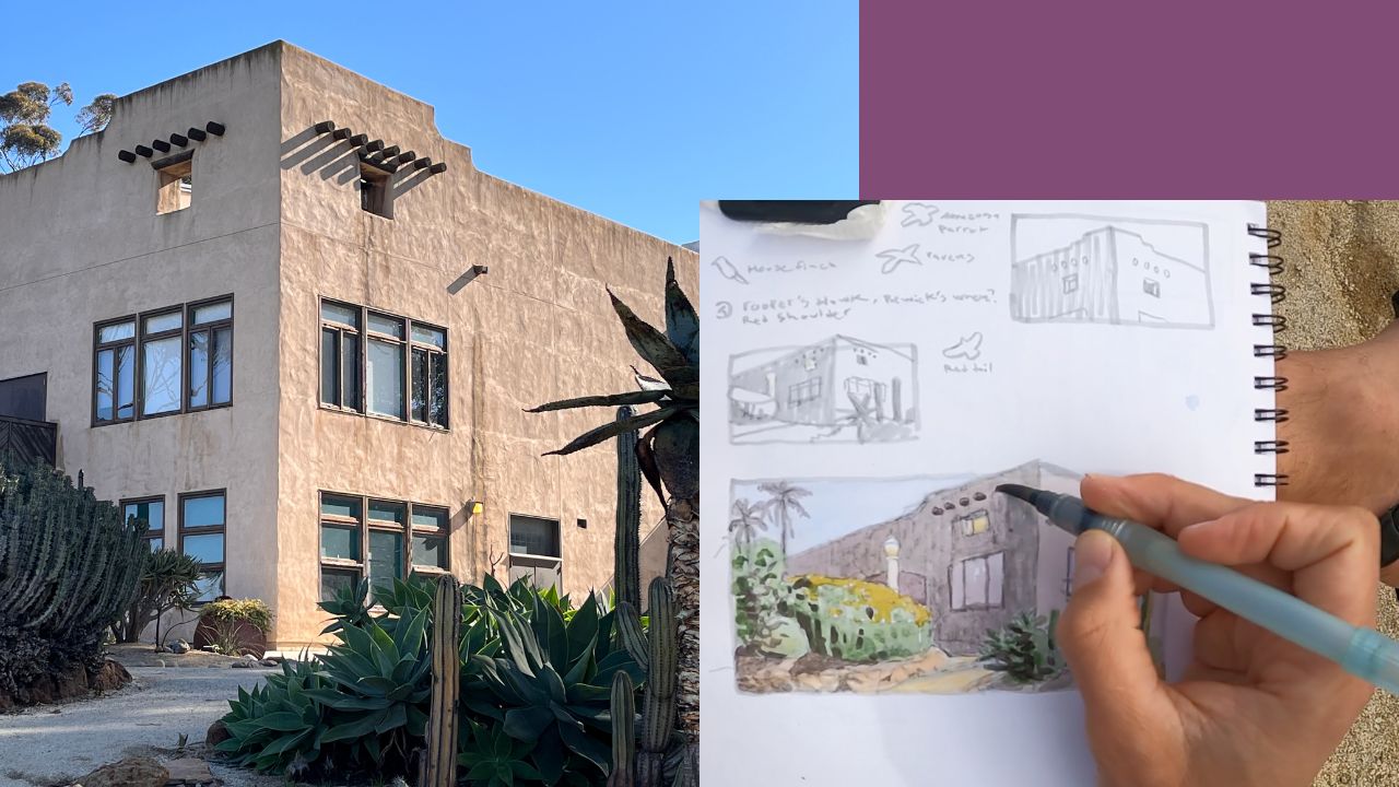 image showing urban sketching in san diego with sketchbook watercolor and a building in san diego's balboa park